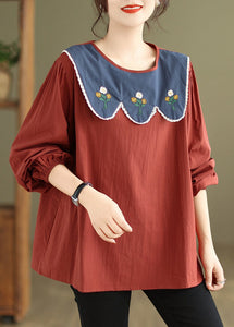 Women Rust Embroidered Patchwork Cotton Top Fall