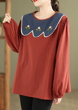 Load image into Gallery viewer, Women Rust Embroidered Patchwork Cotton Top Fall