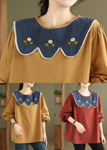 Load image into Gallery viewer, Women Rust Embroidered Patchwork Cotton Top Fall