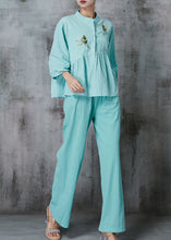 Load image into Gallery viewer, Women Sky Blue Embroidered Linen Two Piece Set Summer