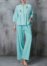 Load image into Gallery viewer, Women Sky Blue Embroidered Linen Two Piece Set Summer