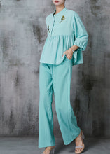 Load image into Gallery viewer, Women Sky Blue Embroidered Linen Two Piece Set Summer