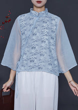 Load image into Gallery viewer, Women Sky Blue Mandarin Collar Print Chiffon Shirt Top Spring