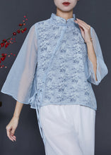 Load image into Gallery viewer, Women Sky Blue Mandarin Collar Print Chiffon Shirt Top Spring