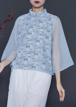 Load image into Gallery viewer, Women Sky Blue Mandarin Collar Print Chiffon Shirt Top Spring