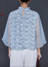 Load image into Gallery viewer, Women Sky Blue Mandarin Collar Print Chiffon Shirt Top Spring