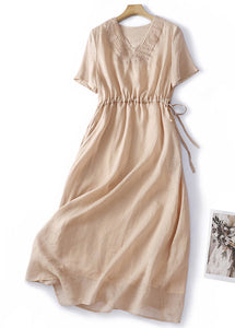 Women V Neck Lace Up Solid Linen Dress Summer