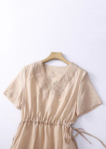 Women V Neck Lace Up Solid Linen Dress Summer