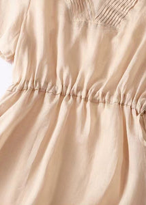 Women V Neck Lace Up Solid Linen Dress Summer