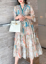 Load image into Gallery viewer, Women V Neck Print Patchwork Silk Long Dress Summer