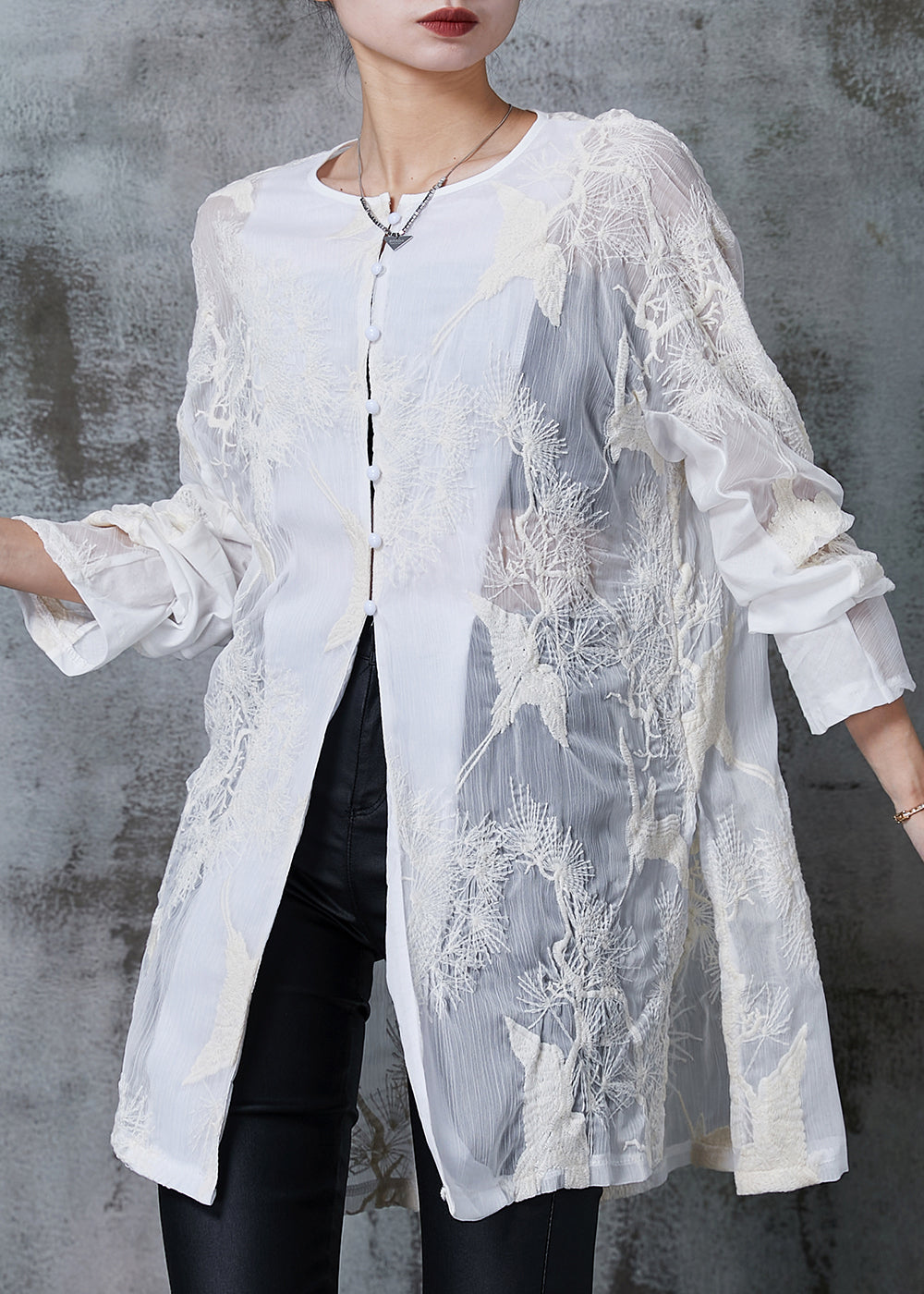 Women White Embroidered Chiffon UPF 50+ Long Shirt Summer