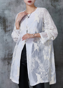 Women White Embroidered Chiffon UPF 50+ Long Shirt Summer