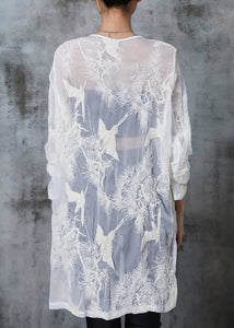 Women White Embroidered Chiffon UPF 50+ Long Shirt Summer