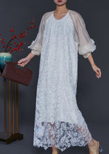 Load image into Gallery viewer, Women White Embroidered Tulle Robe Dresses Lantern Sleeve