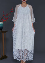 Load image into Gallery viewer, Women White Embroidered Tulle Robe Dresses Lantern Sleeve