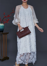 Load image into Gallery viewer, Women White Embroidered Tulle Robe Dresses Lantern Sleeve