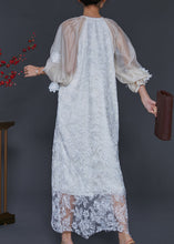 Load image into Gallery viewer, Women White Embroidered Tulle Robe Dresses Lantern Sleeve