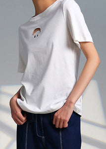 Women White O Neck Hollow Out Cotton T Shirts Summer