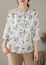 Load image into Gallery viewer, Women White O-Neck Print Button Ramie Shirts Summer