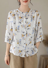 Load image into Gallery viewer, Women White O-Neck Print Button Ramie Shirts Summer