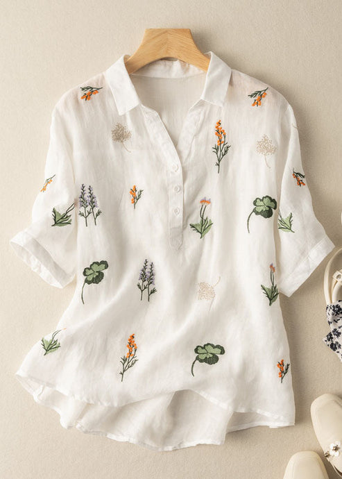 Women White Peter Pan Collar Print Patchwork Linen Shirt Top Summer