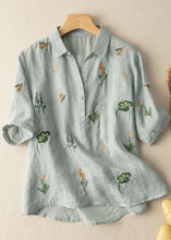 Load image into Gallery viewer, Women White Peter Pan Collar Print Patchwork Linen Shirt Top Summer