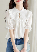 Load image into Gallery viewer, Women White Ruffled Chinese Button Patchwork Chiffon Shirt Top Summer