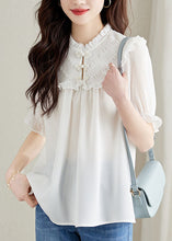 Load image into Gallery viewer, Women White Ruffled Chinese Button Patchwork Chiffon Shirt Top Summer