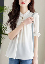 Load image into Gallery viewer, Women White Ruffled Chinese Button Patchwork Chiffon Shirt Top Summer