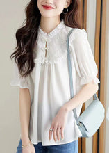 Load image into Gallery viewer, Women White Ruffled Chinese Button Patchwork Chiffon Shirt Top Summer