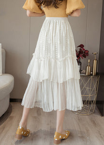 Women White Ruffled High Waist Chiffon Skirt Summer