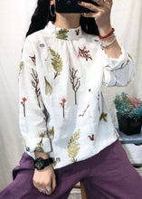 Load image into Gallery viewer, Women White Stand Collar Embroidered Linen Blouses Long Sleeve