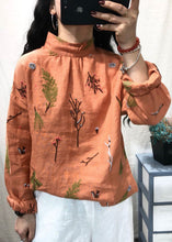 Load image into Gallery viewer, Women White Stand Collar Embroidered Linen Blouses Long Sleeve