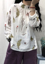 Load image into Gallery viewer, Women White Stand Collar Embroidered Linen Blouses Long Sleeve