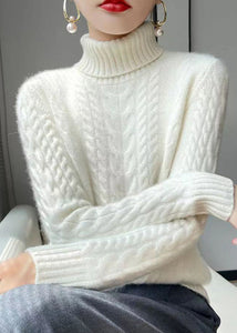 Women White Turtleneck Wool Cable Knit Sweaters Long Sleeve