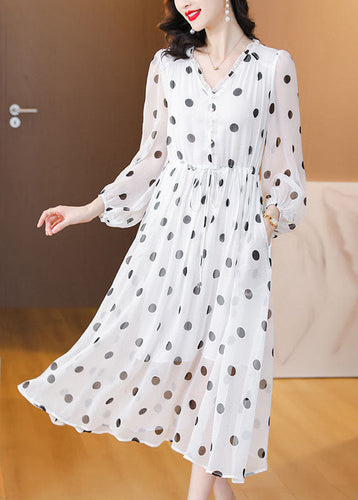 Women White V Neck Print Drawstring Chiffon Dress Lantern Sleeve