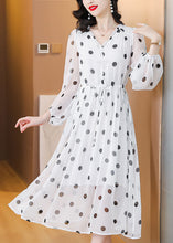 Load image into Gallery viewer, Women White V Neck Print Drawstring Chiffon Dress Lantern Sleeve