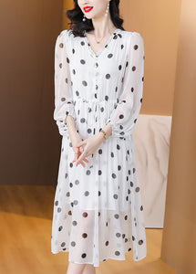 Women White V Neck Print Drawstring Chiffon Dress Lantern Sleeve