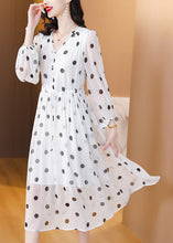 Load image into Gallery viewer, Women White V Neck Print Drawstring Chiffon Dress Lantern Sleeve