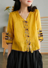 Load image into Gallery viewer, Women Yellow Casual Ramie Cardigan Embroidered Shirt