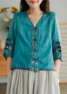 Women Yellow Casual Ramie Cardigan Embroidered Shirt