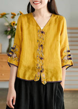 Load image into Gallery viewer, Women Yellow Casual Ramie Cardigan Embroidered Shirt