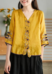 Women Yellow Casual Ramie Cardigan Embroidered Shirt