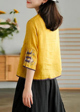 Load image into Gallery viewer, Women Yellow Casual Ramie Cardigan Embroidered Shirt