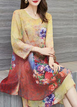 Load image into Gallery viewer, Women Yellow O Neck Print Patchwork Chiffon Dress Summer