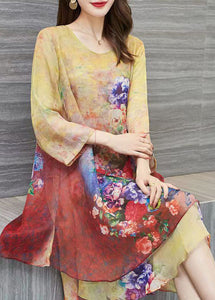 Women Yellow O Neck Print Patchwork Chiffon Dress Summer