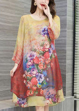 Load image into Gallery viewer, Women Yellow O Neck Print Patchwork Chiffon Dress Summer