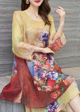 Load image into Gallery viewer, Women Yellow O Neck Print Patchwork Chiffon Dress Summer