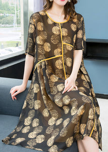 Women Yellow O Neck Print Wrinkled Patchwork Chiffon Dresses Summer