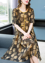 Load image into Gallery viewer, Women Yellow O Neck Print Wrinkled Patchwork Chiffon Dresses Summer